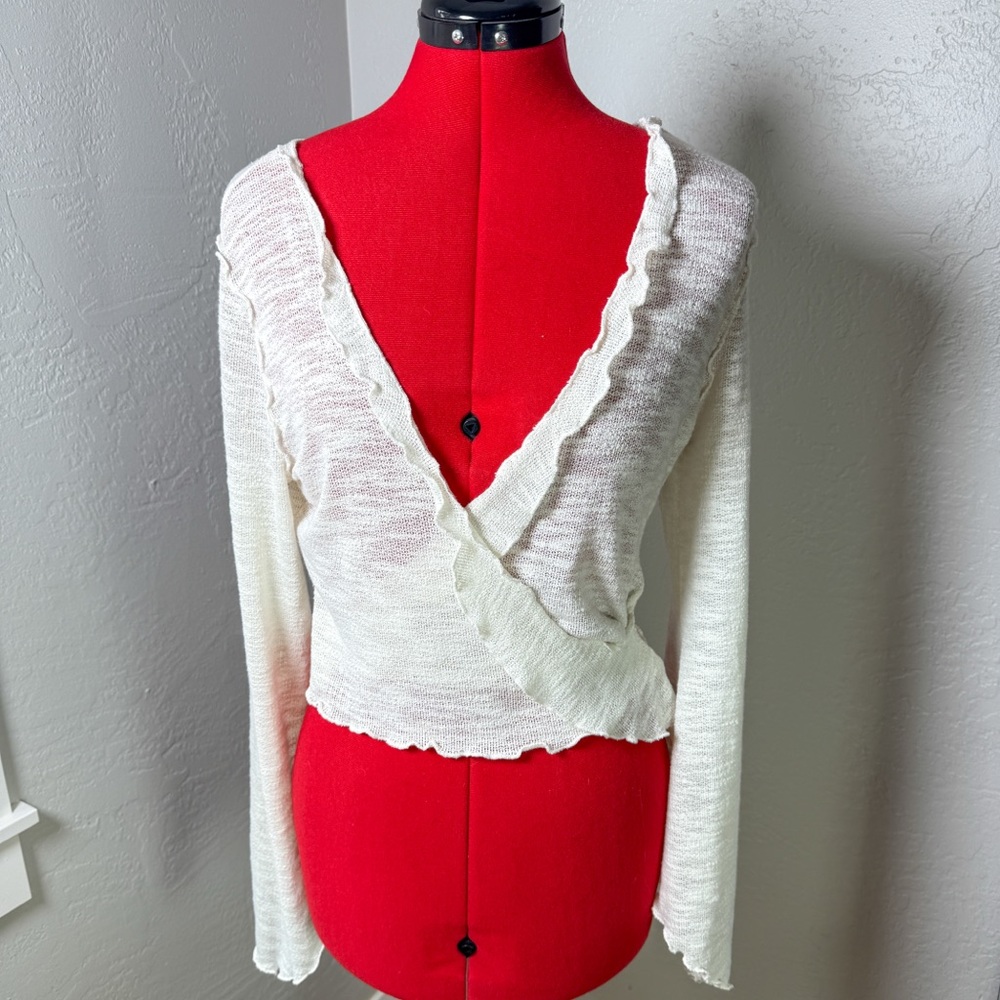 Out From Under Cream Knit Ruffle Trim Wrap Top Size S
